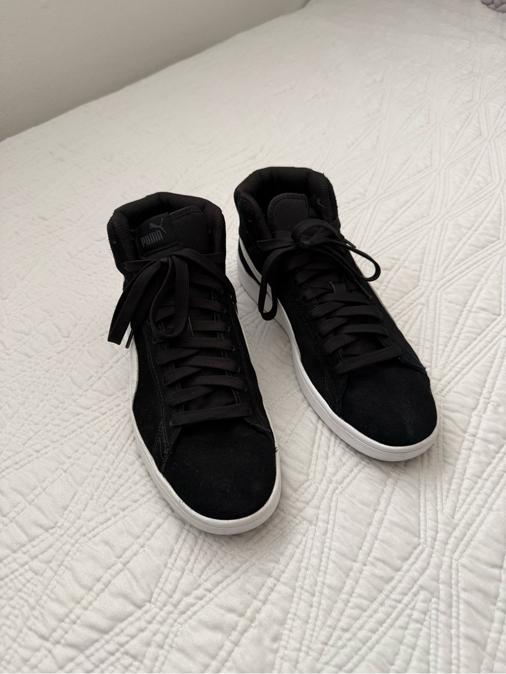 Puma Black High-Top Suede Sneakers with White Sole